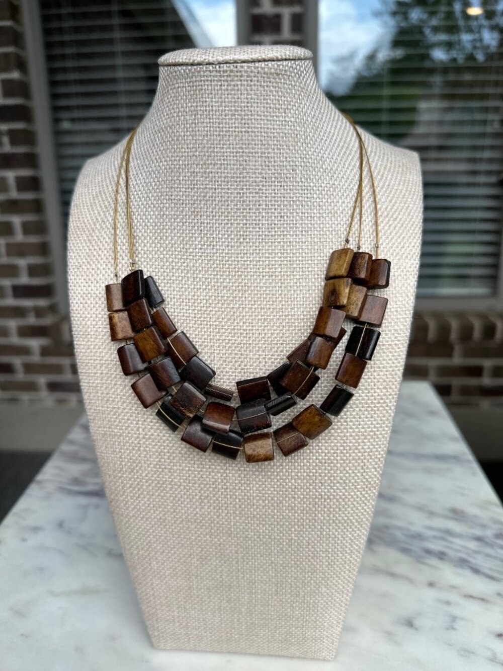Chunky Geometric Necklace Square Wooden Style Beads Brown Triple Strand Short